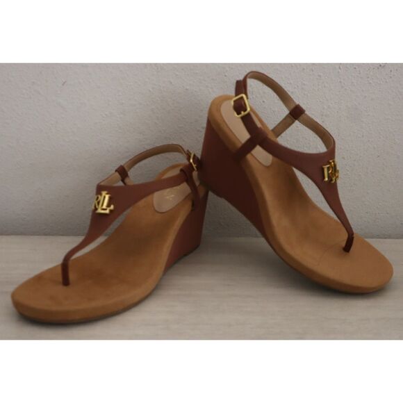 Lauren Ralph Lauren Women's Sz 8B Polo Tan/Brown Jeannie Wedge Sandals - Picture 12 of 13